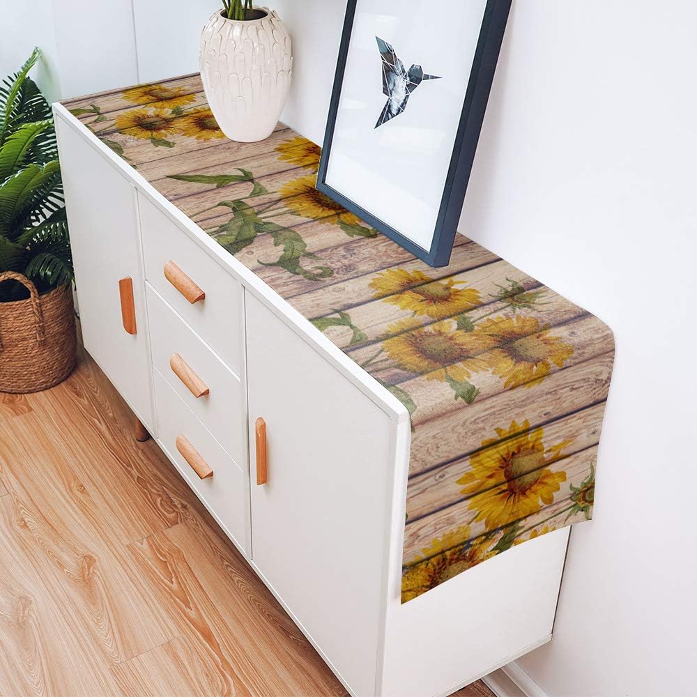Sunflowers Rustic Table Runner - Cotton Linen Long 90 inch Dresser Scarves, Farmhouse Tablerunner for Kitchen, Coffee,