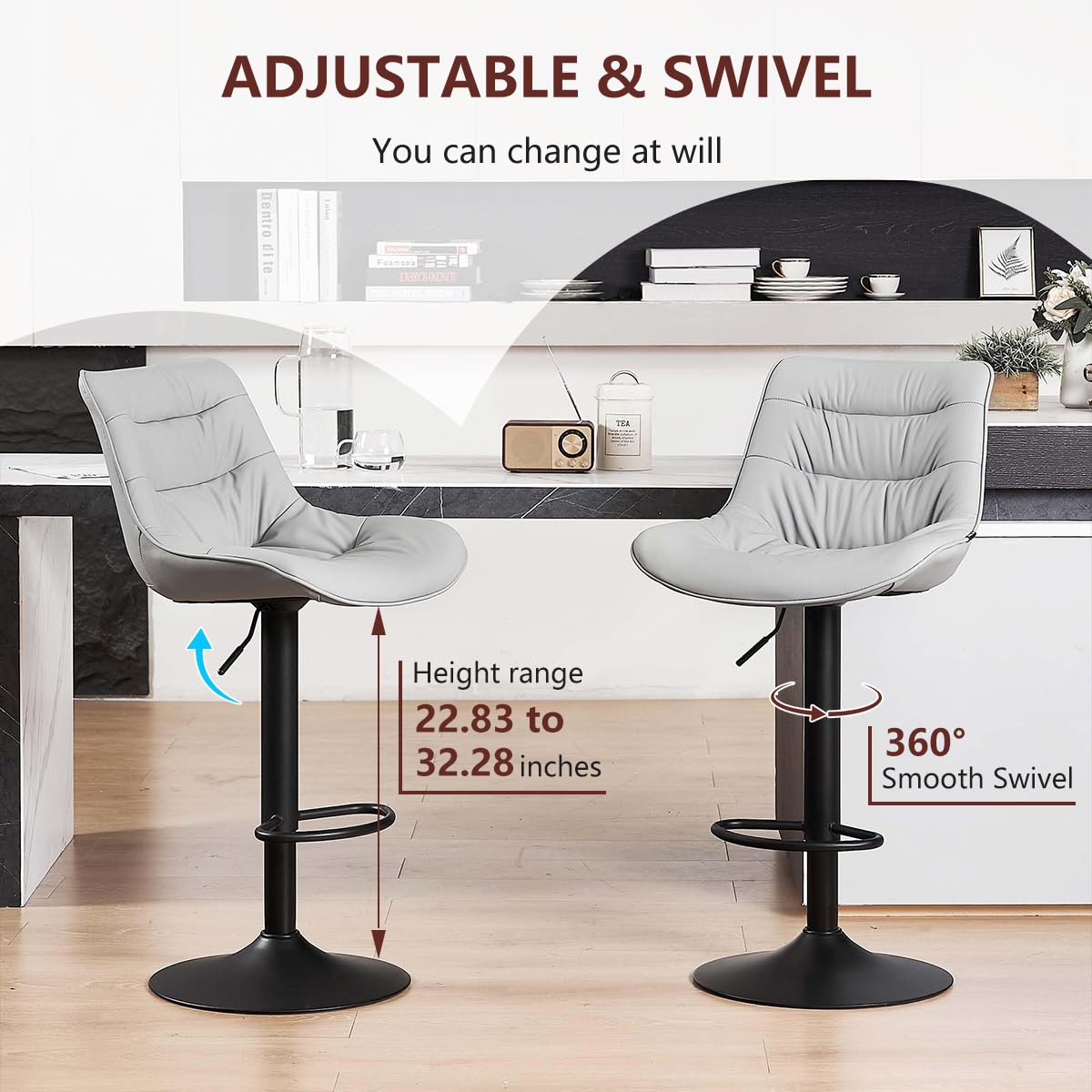 Kidol & Shellder Adjustable Bar Stools Set of 2, Faux Leather Counter Height BarStools with Back, Modern Mid Century Upholstered Bar stools for Kitchen Island Gray