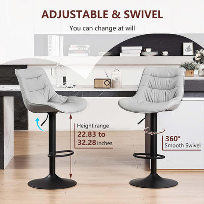 Kidol & Shellder Adjustable Bar Stools Set of 2, Faux Leather Counter Height BarStools with Back, Modern Mid Century Upholstered Bar stools for Kitchen Island Gray