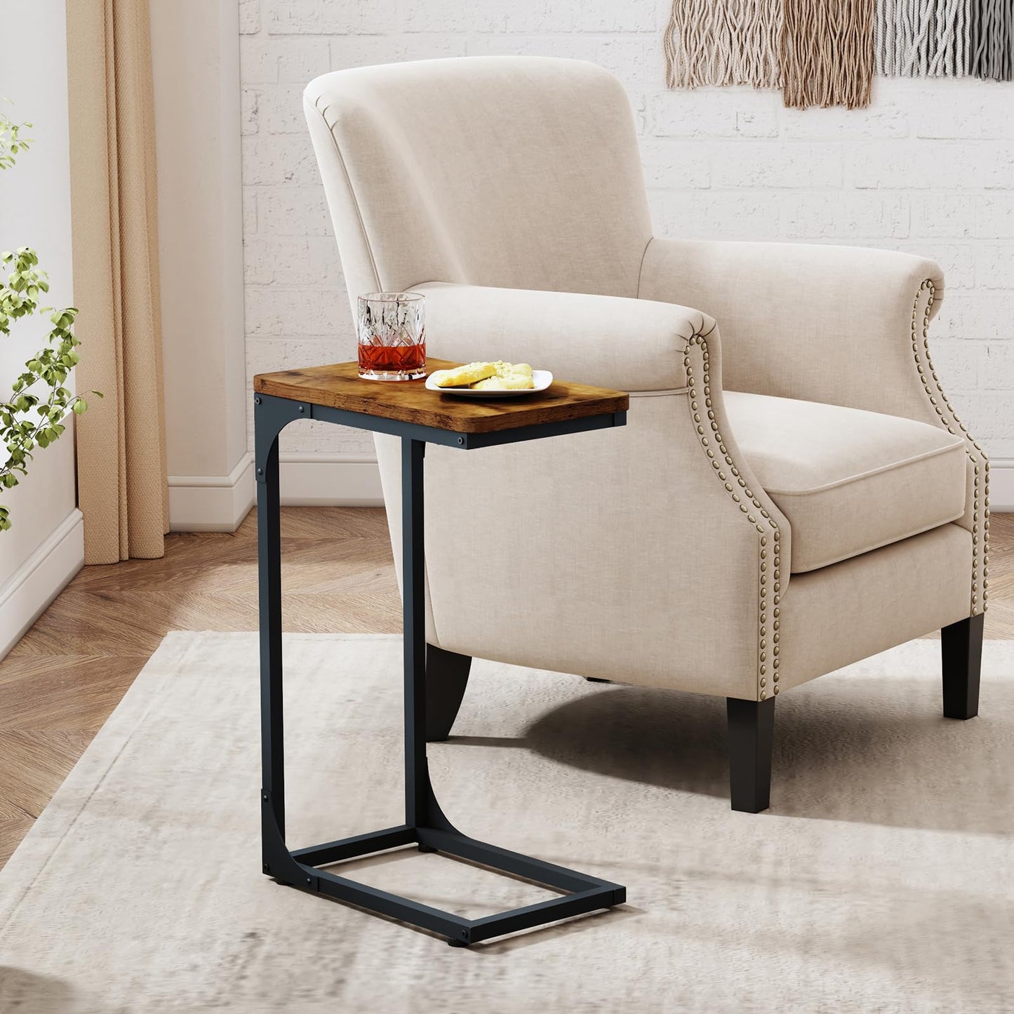 QEEIG Narrow C Shaped Side Table Set of 2 Living Room Sets Slim Couch Tray Tables Skinny Thin Small Farmhouse 9.5 inch Width, Rustic Brown (017-24BN)