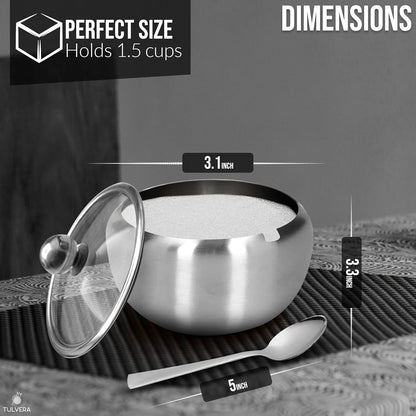 12oz Countertop 350ml Sugar Bowl with Lid and Spoon | Sugar Container for Coffee Bar | Stainless Steel Holder Jar