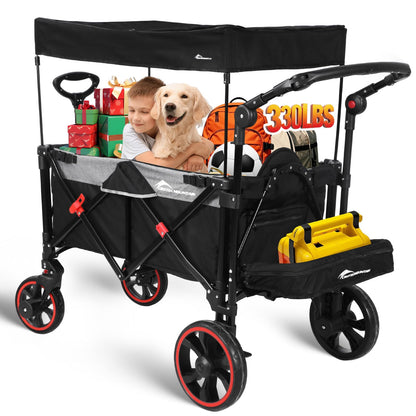 Collapsible Canopy Wagon, Foldable Wagon Stroller with 330LBS, Heavy Duty Cart with Shock-Absorbing Wheels, Adjustable Push Pulling Handles for Camping, Garden, Sports, Shopping, Black