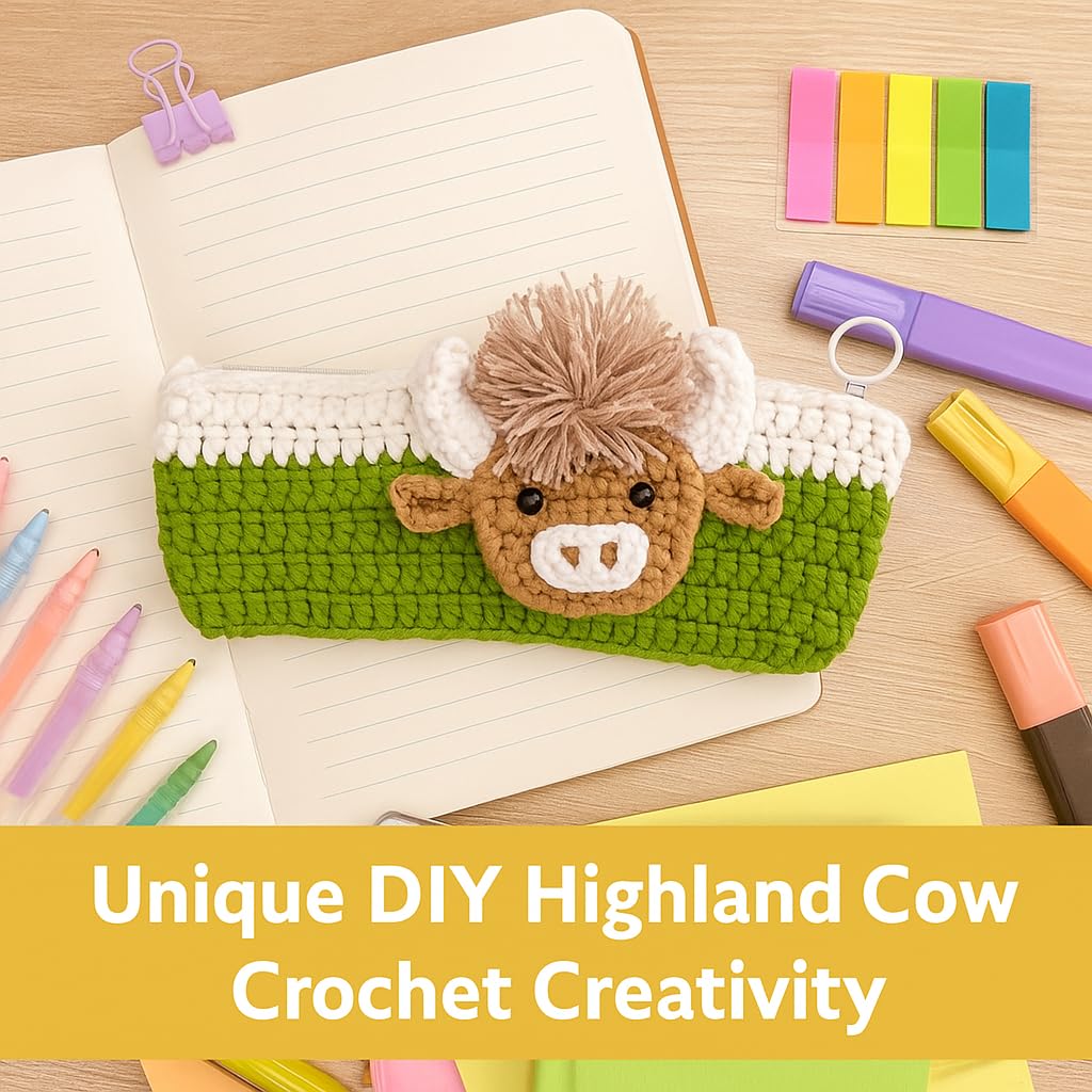 Highland Cow Crochet Kit for Beginners, Learn to Crochet Pencil Bag Starter Set with Video Tutorial & Crocheting Manual, Easy Yarn Knitting Kit for Adult, DIY Amigurumi Birthday Xmas Gift Idea