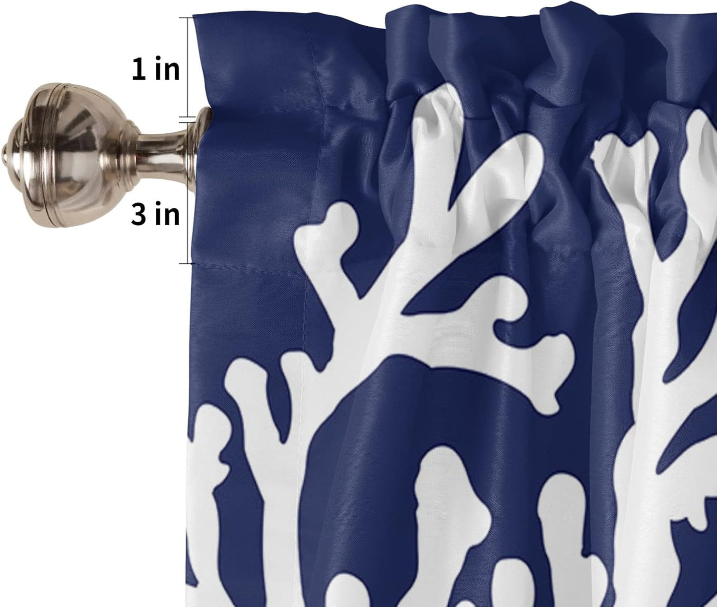 Navy Blue Coral Farmhouse Short Window Curtain Valances, 1 Panel Coastal Nautical Rod Pocket Kitchen Valances