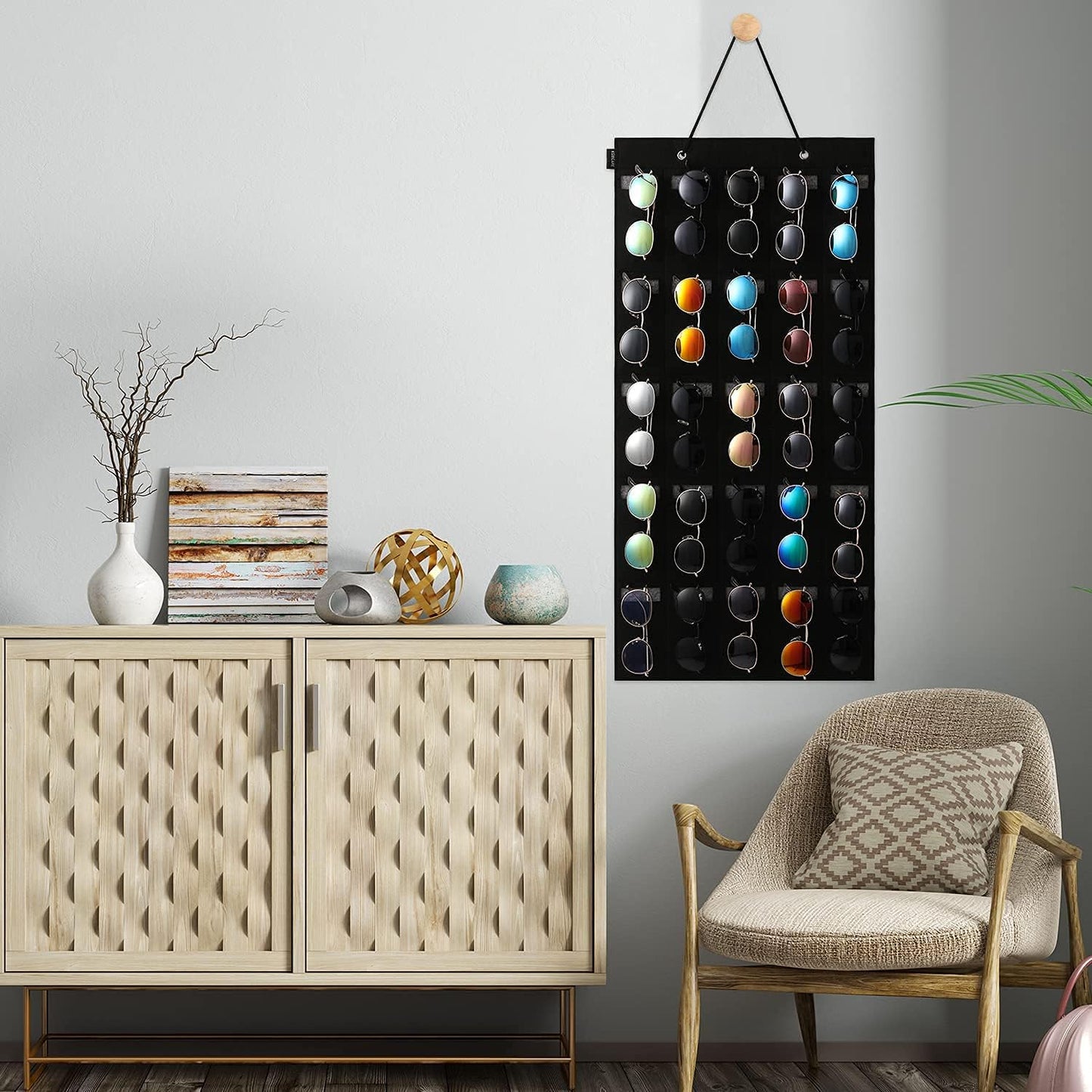 Sunglasses Organizer Storage, Hanging Eyeglasses Wall Pocket Mounted, 25 Slots, Large, Black
