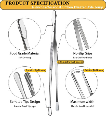 JETKONG 16-Inch Fine Tweezer Tongs - Extra-Long Cooking Tweezer, Stainless Steel Kitchen Tweezers (Round-Tips)