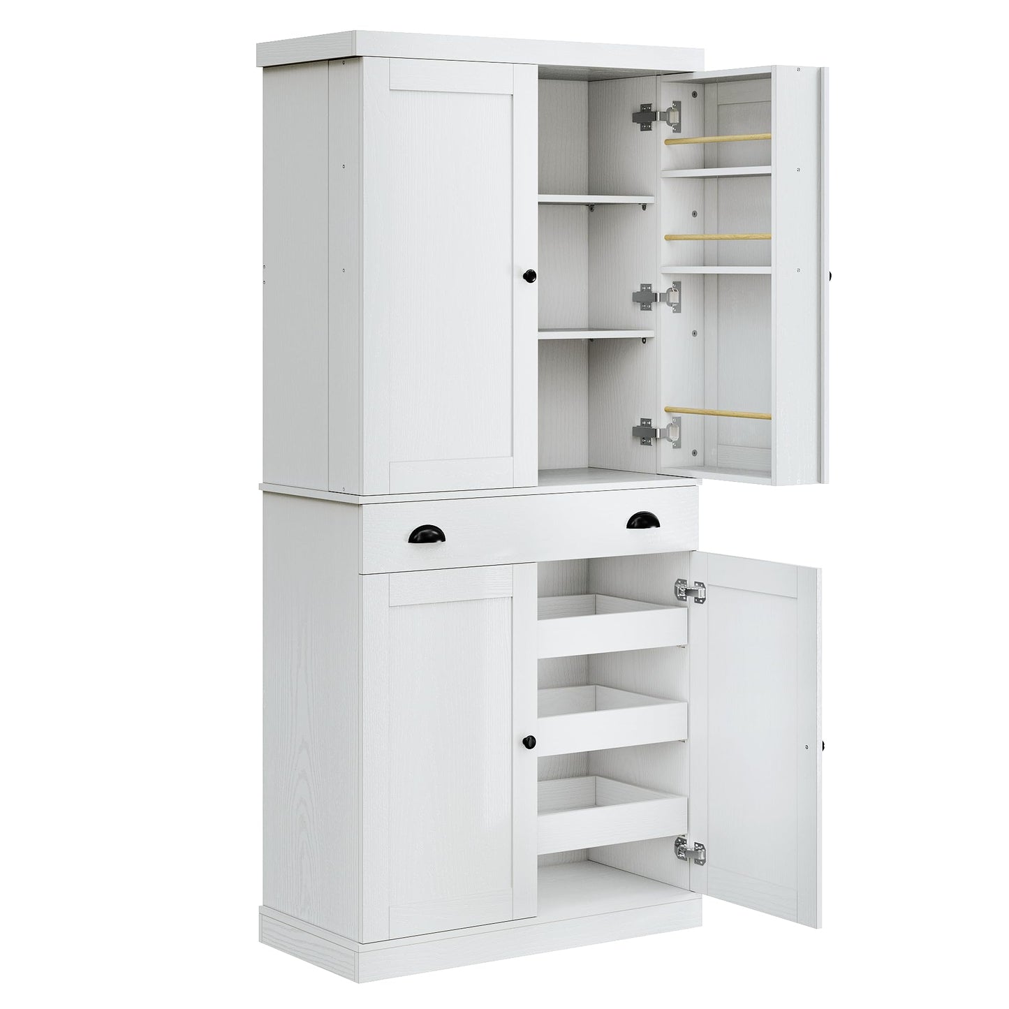 IRONCK Kitchen Pantry Cabinet 72" Height, Freestanding Cupboard with Drawer, Sliding Storage Rack, and 6 Hanging Shelves for Dining Room, Laundry, White