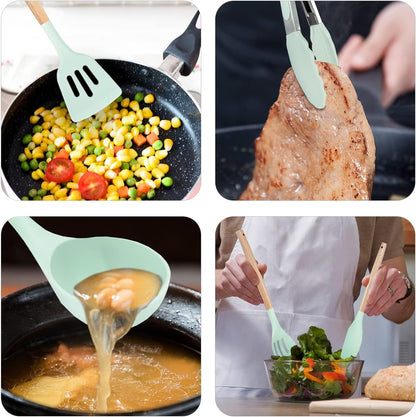 Kitchen Utensils Set, 5 Pcs Non-Stick Silicone Cooking Utensils with Wooden Handle, Heat Resistant Gadgets (Light Green)