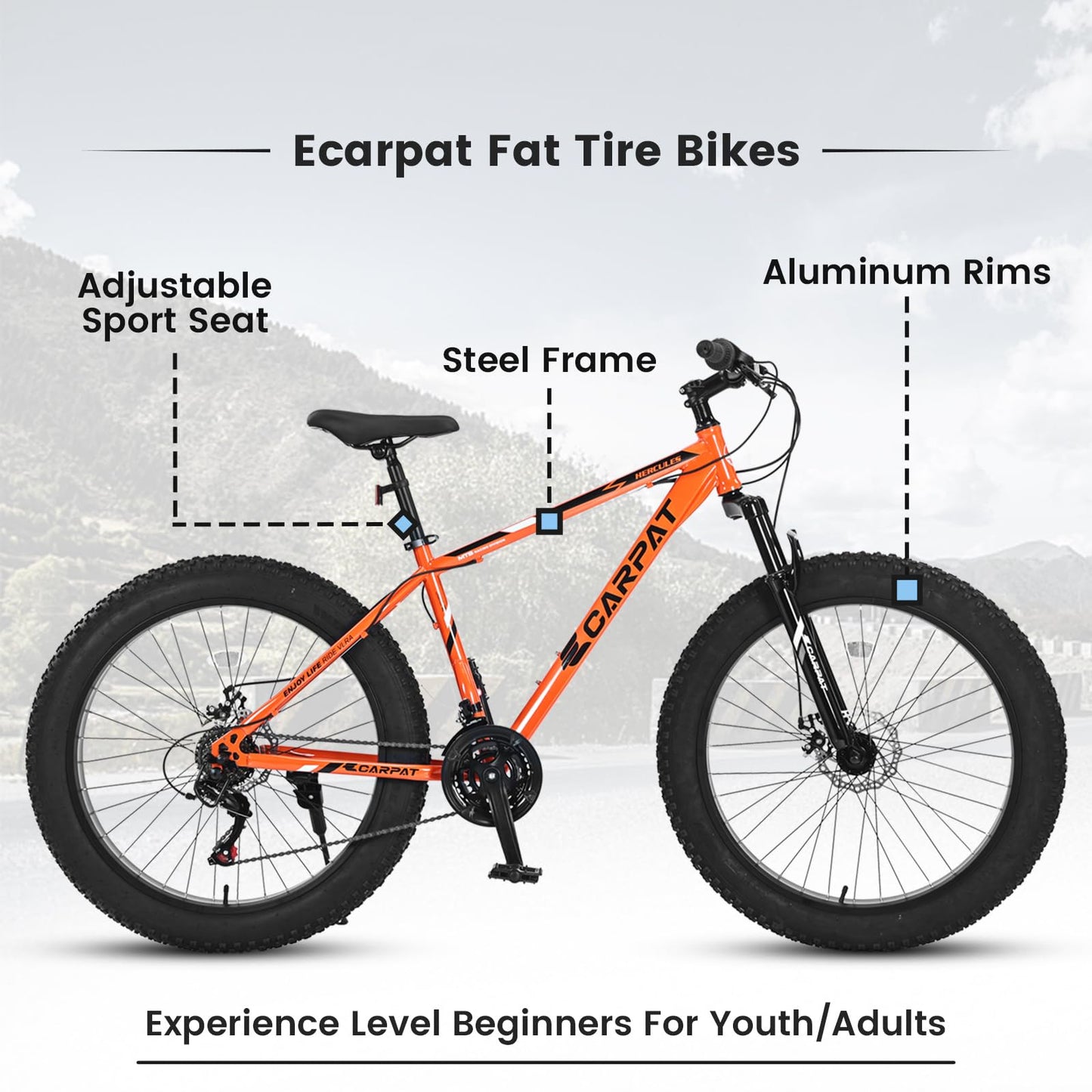 richvelo 26 Inch Fat Tire Bike Adult/Youth Full Shimano 7 Speeds Mountain Bike, Dual Disc Brake, High-Carbon Steel Frame, Front Suspension, Mountain Trail Bike, Urban Commuter City Bicycle