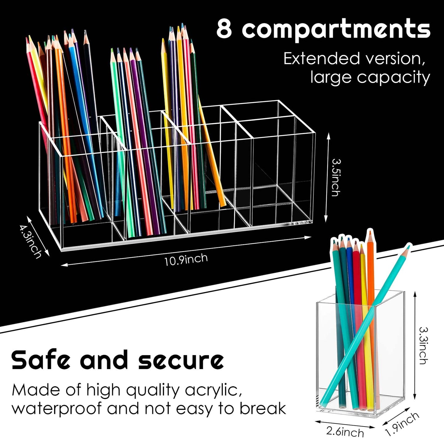 Yulejo 8 Slot Clear Acrylic Pen Holder Makeup Brushes Organizer Holder Eyebrow Pen Container Bathroom Storage Square Cube Deep Organizer Countertop Storage Pencil Display Case for Office Desk