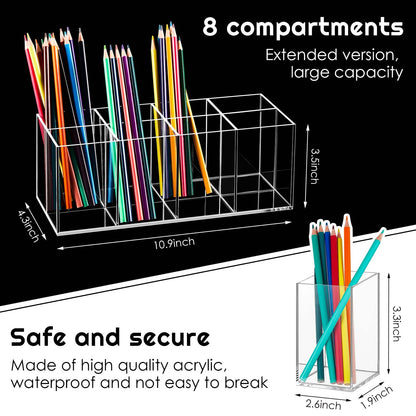 Yulejo 8 Slot Clear Acrylic Pen Holder Makeup Brushes Organizer Holder Eyebrow Pen Container Bathroom Storage Square Cube Deep Organizer Countertop Storage Pencil Display Case for Office Desk