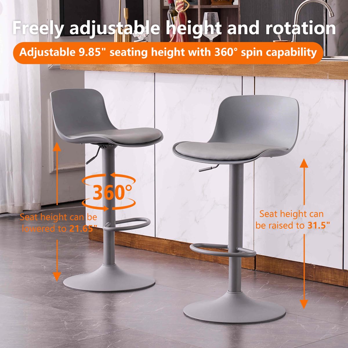 Kidol & Shellder Bar Stools Set of 4 Adjustable Counter Height Barstools Modern PU Leather Swivel Tall Bar Chairs Upholstered Bar Stool with Back for Kitchen Island（Gray）