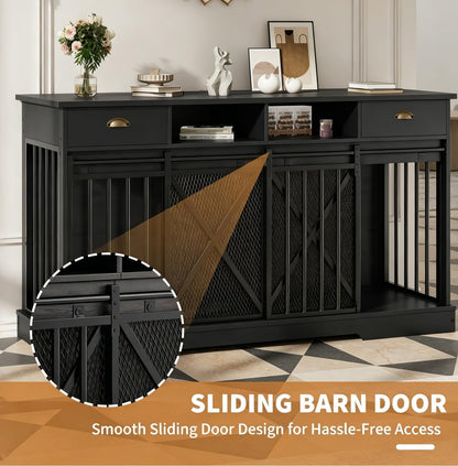 63" Large Dog Crate Furniture, Heavy Duty Indoor Dog Kennel with Removable Divider, Sliding Doors, 2 Drawers and Open Shelves, Decorative TV Stand for Living Room, Black