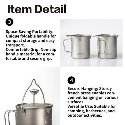 COMTAI Titanium French Press Pot 750mL/25 fl oz Coffee Maker Camping with Lid and Filter Titanium French Press Cup Backpacking for Outdoor Hiking Camp