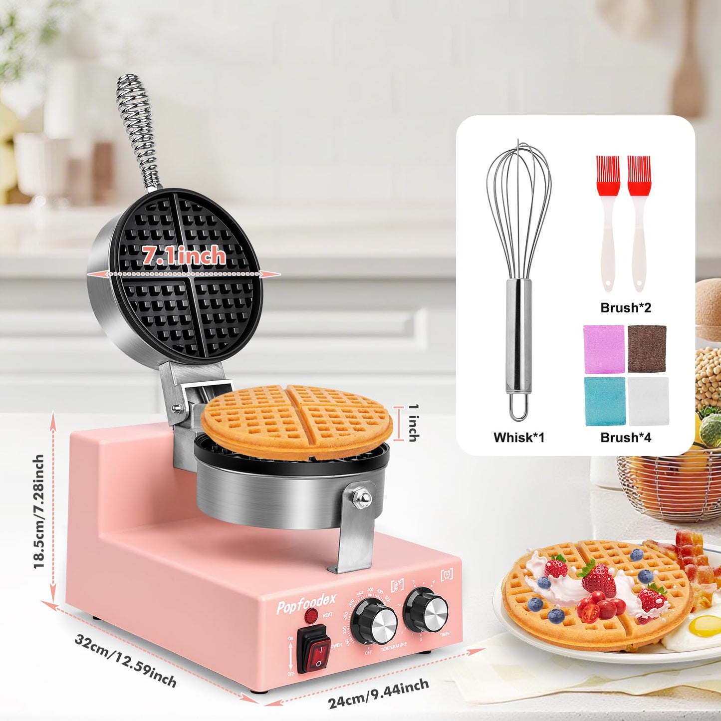 Popfoodex Commercial Waffle Maker for Restaurant, 110V Electric Waffle Maker w/Non-stick and 122–572°F Adjustable Temp, 1200W Profession Waffle Iron with Timer and Heavy Duty, Hotel Waffle Machine