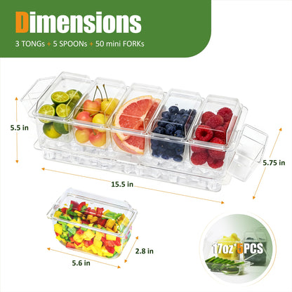 IVYHOME Chilled Condiment Server, Taco Bar Serving Set, Versatile Ice Containers, with 5 Lidded Containers and Detachable Ice Storage Layer, 2 Hanging Cups for Storing Tong and Forks