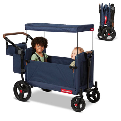 Radio Flyer Atlas Stroll 'N Wagon, Navy Blue, For Ages 1+, 3-in-1 Push or Pull Versatility, One-Hand Fold, UV Canopy, 5-Point Harnesses, Storage Capabilities, Rubber Wheels, Stroller Wagon for Kids