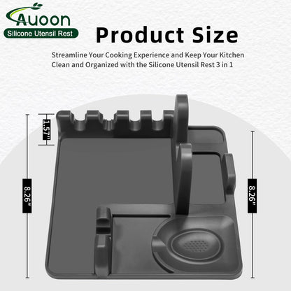 Auoon Silicone Spoon Rest with Lid Holder - 3 in 1 Kitchen Utensil Rest for Soup Ladles, Pot Lids, Spatulas, Spoons, Tongs, BPA Free & Dishwasher Safe, 8.26 x 8.06 Inch (Gray, Large)