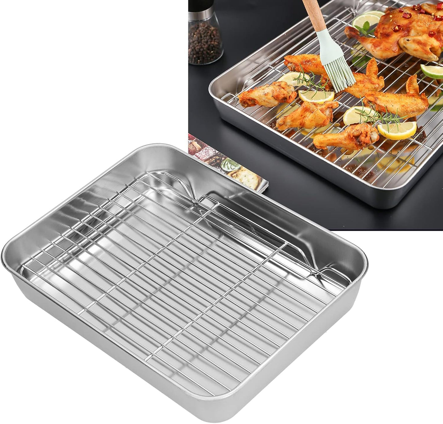 Stainless Steel Roasting Pan with Rack, Non Stick Surface, 5cm Deep Edges for Cooking and Baking (23.5 * 17.5 * 5CM)