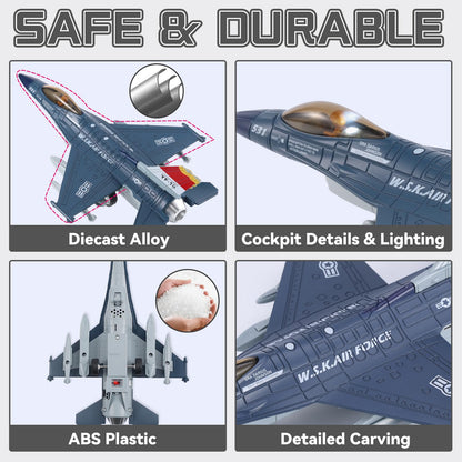 Crelloci Diecast Metal Alloy Fighter Jet Military Airplane Toy with Mist Spray, Lights & Sounds, Pull Back Function Army Air Force Aircraft for Kids, Toddlers Ages 3+, Gift for Boys Girls (Blue)