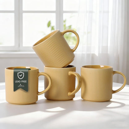 16Oz Set 4, Set MONITO Coffee Mugs of Rustic Ceramic Coffee Cups with Large Handle, Vintage Striped Stoneware Coffee