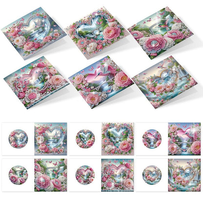 6 Pack Diamond Art Greeting Cards with Envelopes, Flowers and Hummingbirds DIY 5D Diamond Painting Card Kit, Handmade Rhinestone Postcards for Birthday & Valentine’s Day Wishes (30x15cm)