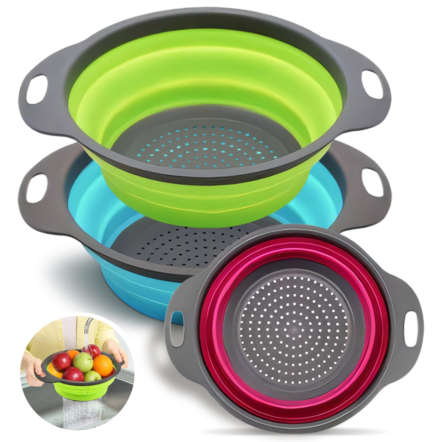 Silicone Collapsible Colander Sink Colander Collapsible Camping Versatile Collapsible Strainer Sink strainer basket over Sink Strainer (Red Green Blue)