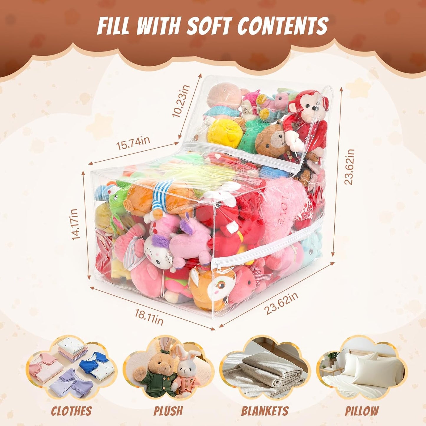 18-inch 3 Clear Bean Bag Chair for Stuffed Animals Storage Hidden Zippers Toy Organizer,Durable PVC Waterproof Material