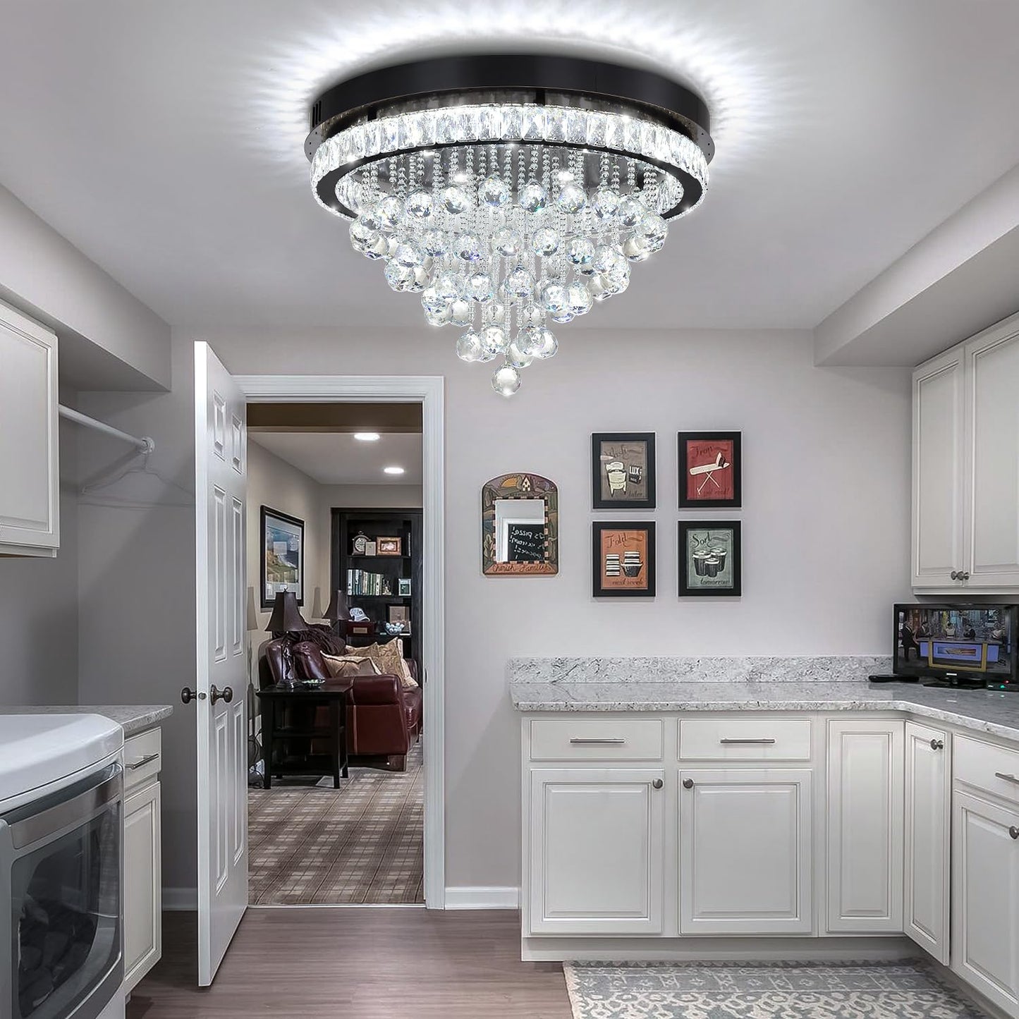 Shial Lighting Dia 24" Modern Crystal Chandeliers for Dining Room,Black Raindrop Chandelier Flush Mount Chandeliers for Living Room Bedrooms Dining Room Dimmable 2700k 4500k 6000k