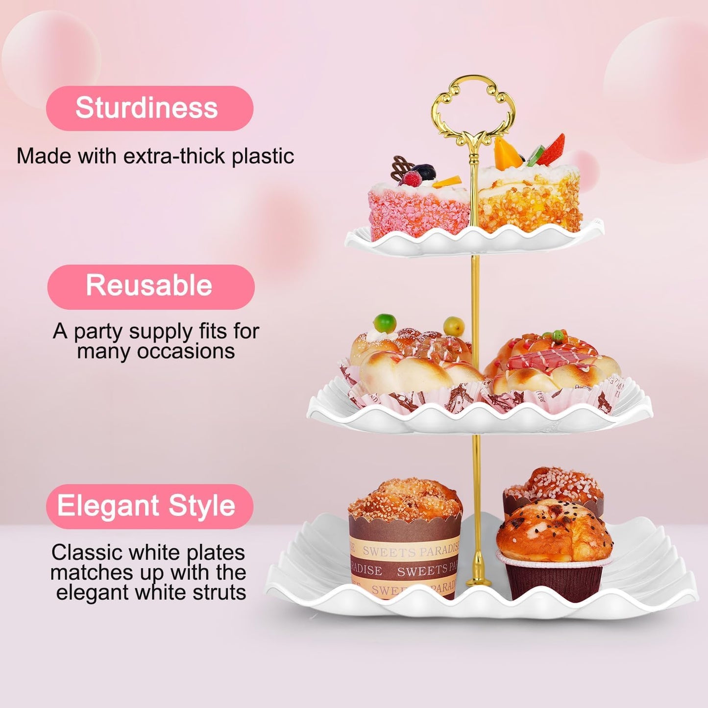 5 Pcs Dessert Table Display Set - 2 Pcs 3-Tier Dessert Display Stands & 3 Pcs Serving Tray - Dessert Trays Dessert Stands Treat Table Displays Set for Tea Parties,Birthdays & Baby Showers