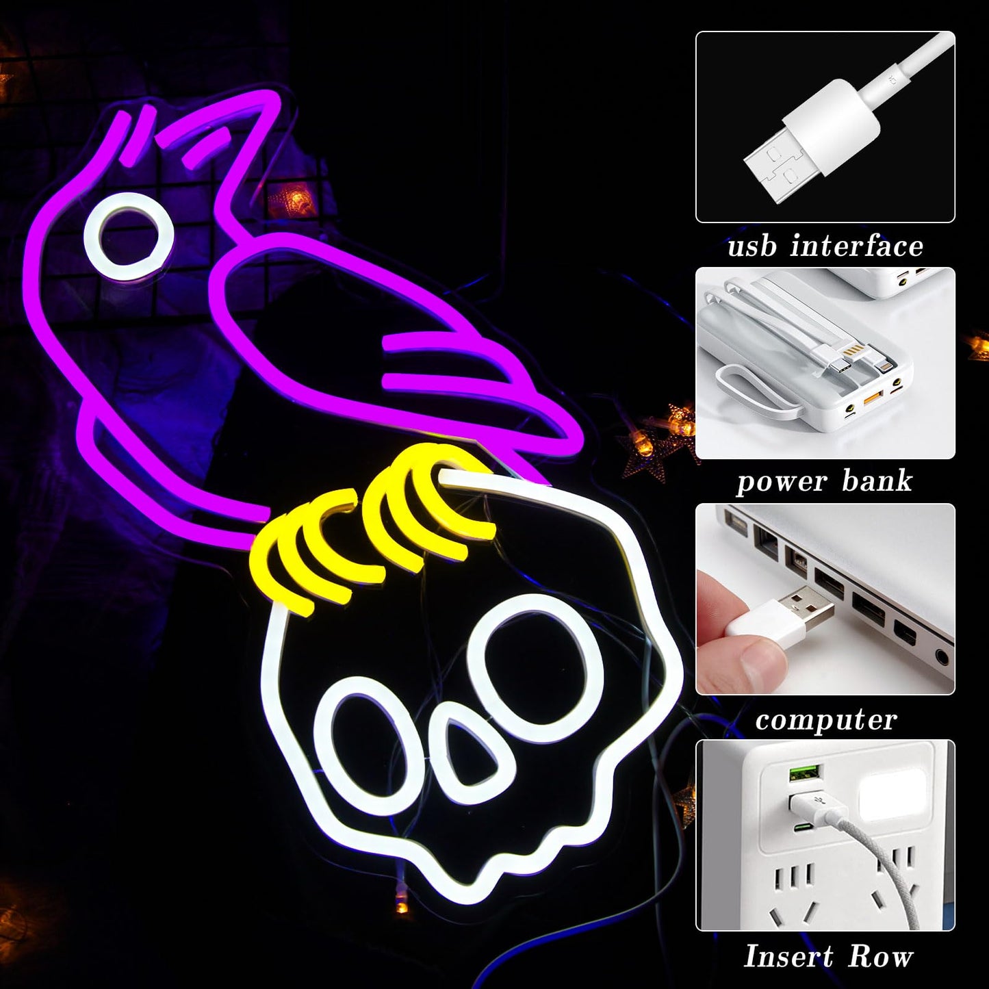 Crow Skull Neon Sign for Wall Decor Dimmable Skull Light Horror Neon Signs Skull Neon Light for Man Cave Beer Bar Game Room Party Crow Decor Gifts