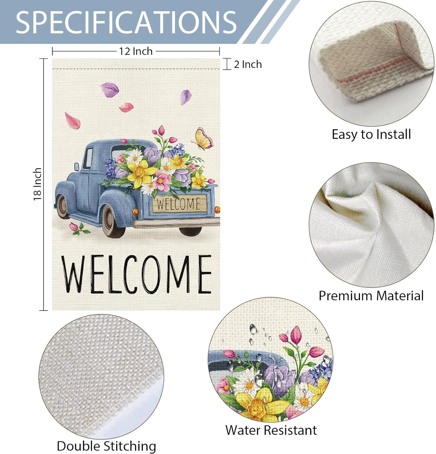 Welcome Spring Garden Flag 12x18 Double Sided Vertical Burlap Retro Truck Floral for Outdoor Decoration