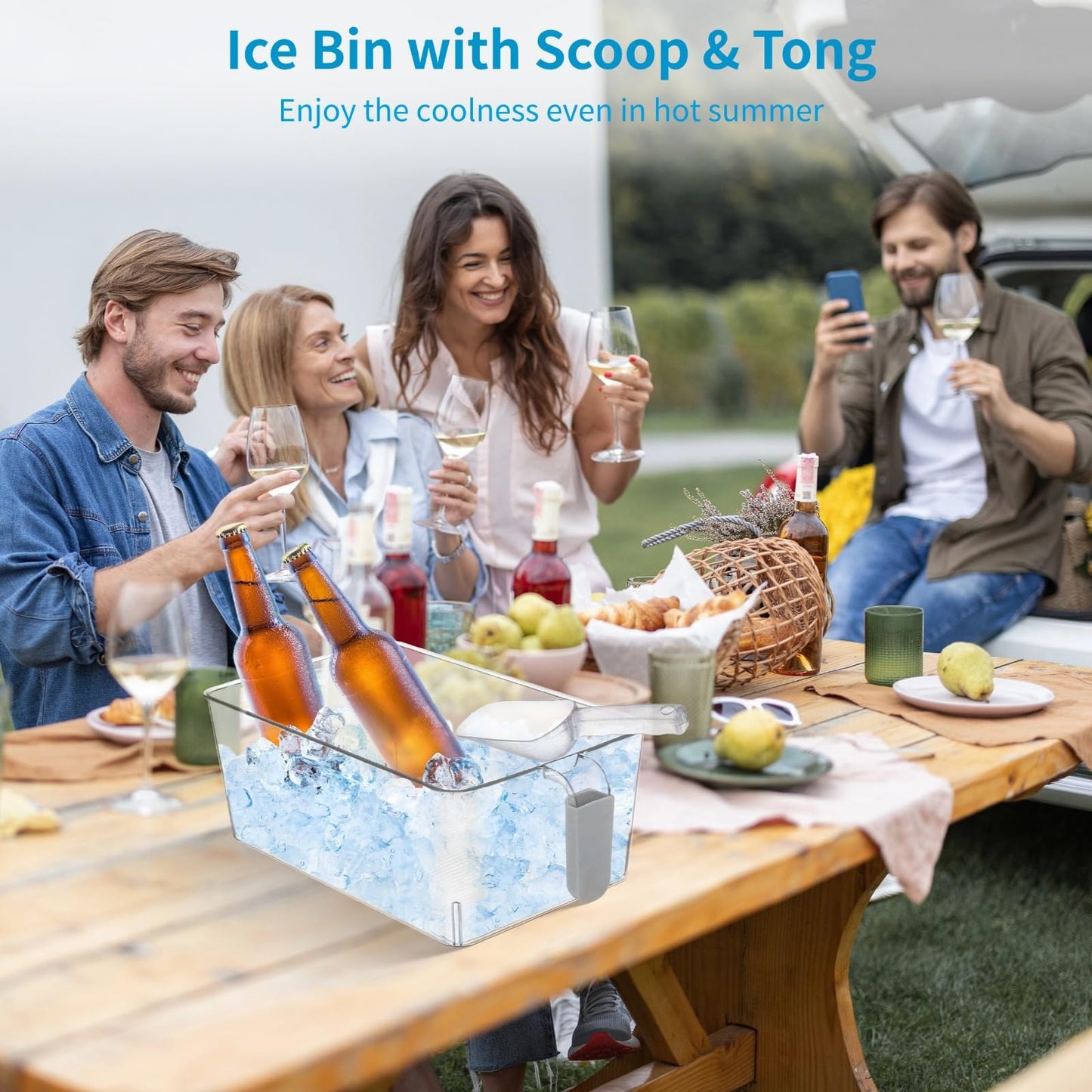 Freezer Ice Bin Set, 2 Pcs Ice Bin with Scoop and Tong, Ice Tray, Clear Ice Bucket with Pull-out Handle for Freezer, Clear Plastic Ice Container for DIY Drink Summer Party, 12.2 x 6.9 x 4.3 in