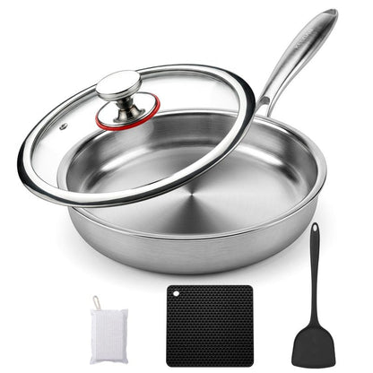 KEGDAN 12 Inch Stainless Steel Pan, 5pcs Tri-Ply Stainless Steel Frying Pan with Lid, Dishwasher & Oven Safe, Induction Cooking Skillets, Fast & Even Heat and Detachable Handle