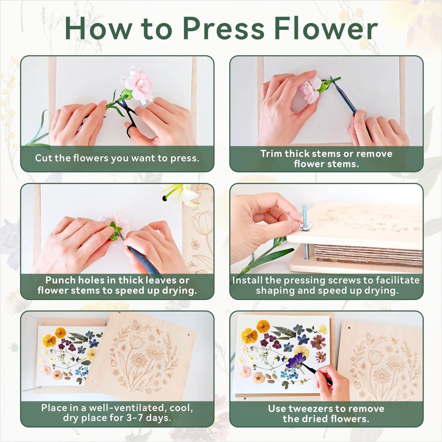 TTUGTTUG Flower Press Kit for Adults, 11" x 11" Large Wooden 10-Layer Press for DIY Floral Art, Wedding Flower Drying, Great Gift for DIY Flowers Lovers