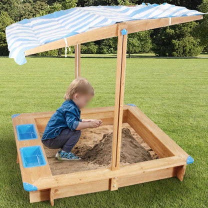 POLGDW Wooden Sandbox with Rotatable Canopy, Sand Box with Adjustable Canopy and Height, Foldable Bench Seats for Aged 3-8 Years Old