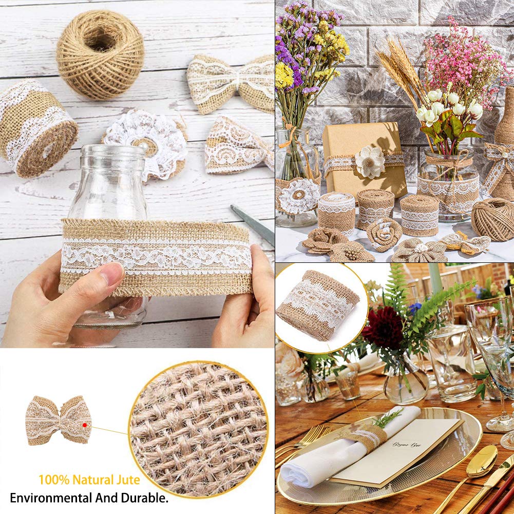 GUIFIER 30PCS Burlap Hessian Flowers Set, Include 24 Burlap Flowers and Bowknots, 5 Lace Burlap Ribbon Rolls,1 Twine Ribbon and Glue Point for Wedding Party Decor Home Embellishment DIY Crafts