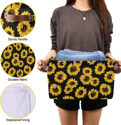 senya Large Foldable Storage Basket, Black Fabric Organizer Bag with Sunflowers and Handles 15 x 11 x 9.5 inch