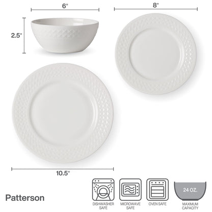 Mikasa Patterson Vegan Bone China Chip Resistant 12 Piece Dinnerware Set, Service for 4