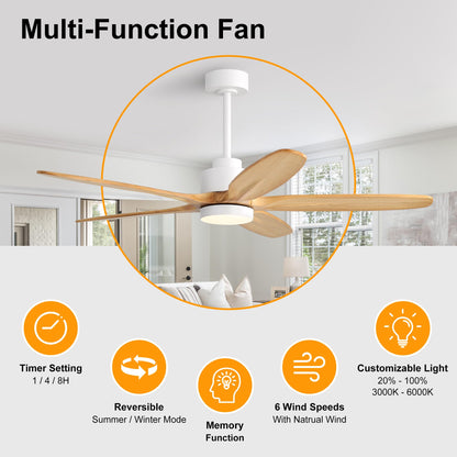 WINGBO 54" Ceiling Fan with Light - 5 Carved Solid Wood Blades, 6-Speed Reversible DC Motor, Dimmable, 3CCT, Noiseless Remote Control Ceiling Fans with Lights for Bedroom Living Room, White and Oak