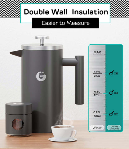 Coffee Gator 304 Grade Stainless Steel French Press Coffee Maker 34 oz, Double Wall Insulated Hot Cold Brew Teapot with 4-Level Filtration System, Include Travel Jar Canister, Kitchen, Gray