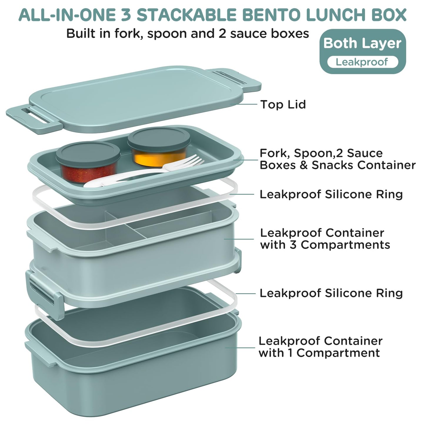 DaCool Lunch Box Adults Bento Box 74 OZ All-in-One Stackable Lunch Box Containers for Adult Large Bento Box with Fork Spoon Sauce Boxes, Leakproof Lunchbox for Work School Dining Out, Morandi-Green