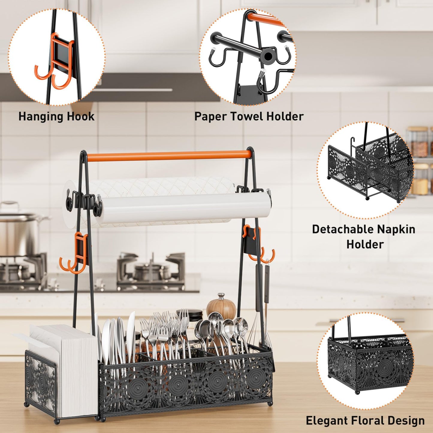 EKNITEY Outdoor Grill Caddy Organizer: Camping Kitchen Accessories Rack With Paper Towel - Utensil Condiment Storage For Patio Camper BBQ Party RV