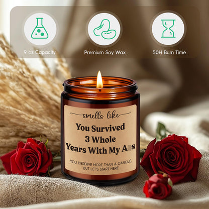 GSPY Candle, 3 Year Anniversary Candle Gifts for Him, Her, Couple - 3rd Anniv. Funny Gifts for Husband, Wife, Girlfriend, Boyfriend, Men - 3 Year Leather Anniversary, Third Wedding Anniv. Present