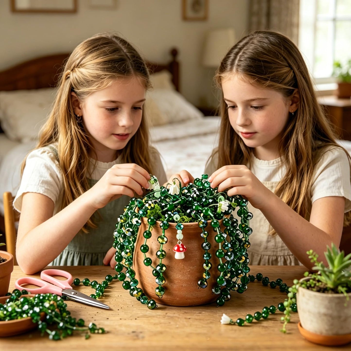 CYUXING 2746Pcs Beaded Plant Kit, Green Glass Beads for DIY Succulent Plants, Craft Beads Set with Ladybug Charm Floral Wire for Home Decor Jewelry Making, Artificial Greenery Supplies