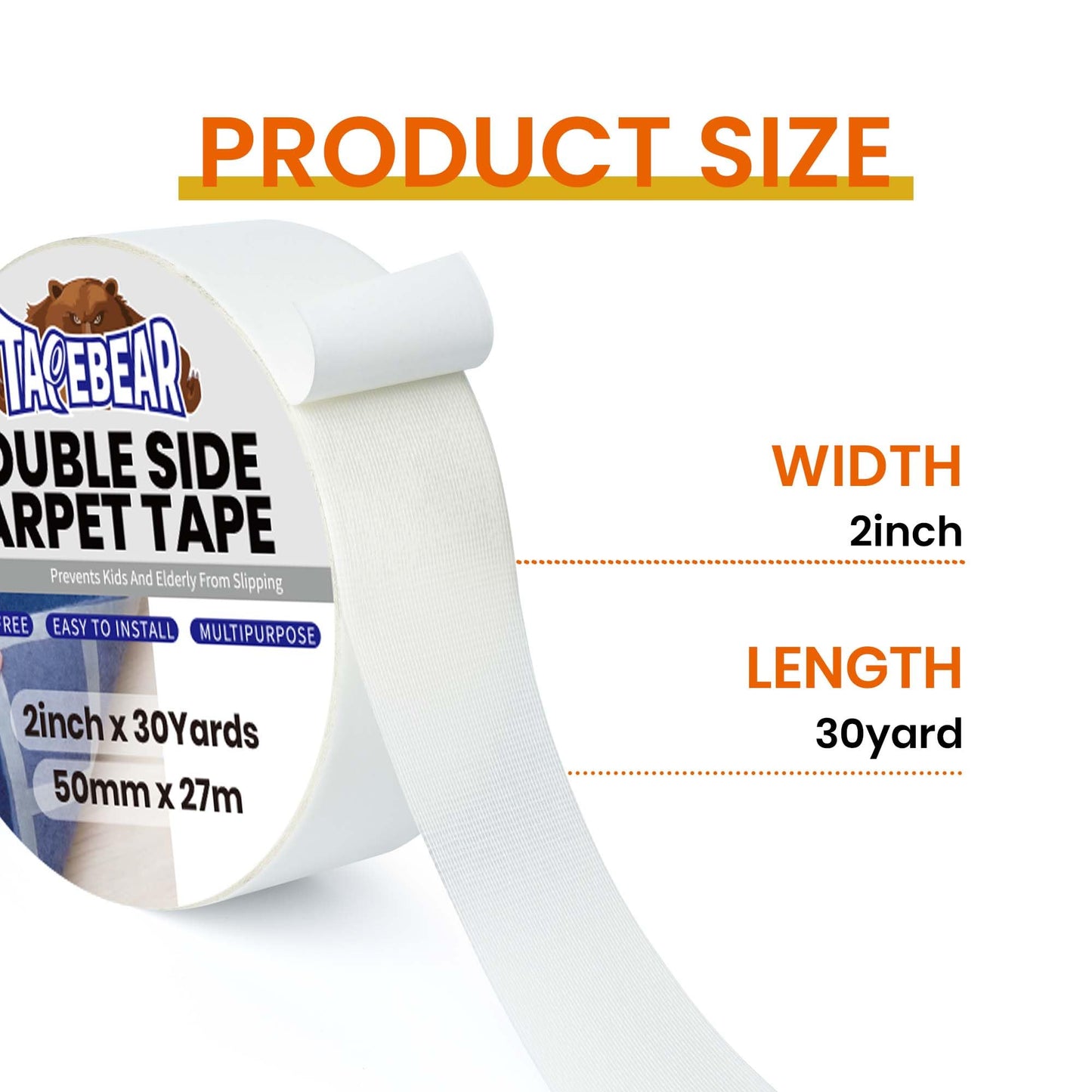 TAPEBEAR Carpet Tape Double Sided 2Inch x 30Yards, Heavy Duty Rug Gripper Anti Slip Anti Curling Floor Tape Residue-Free, Two Sided, Removable, Waterproof for Area Rugs, Mats, Strong Hold for Tile