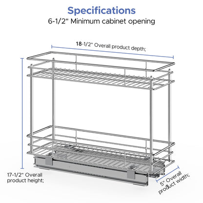LOVMOR Pull Out Cabinet Organizer and Storage (5" W x 21" D) 2-Tier Pull Out Shelf Storage for Kitchen Base Cabinet Silver(5" W x 21" D, Silver, Roll on Top)