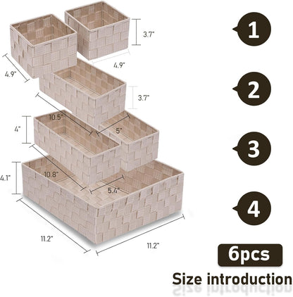 Drawer Organizer Bins Woven Storage Stackable Box Set of 6 for Organizing Drawers Shelves Cabinets (Beige)