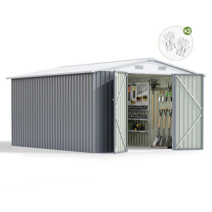 Greesum 10x12 FT Outdoor Storage Shed, Weather-Resistant Metal Tool Shed with Lockable Doors & Ventilation for Patio, Backyard, Poolside (Gray)