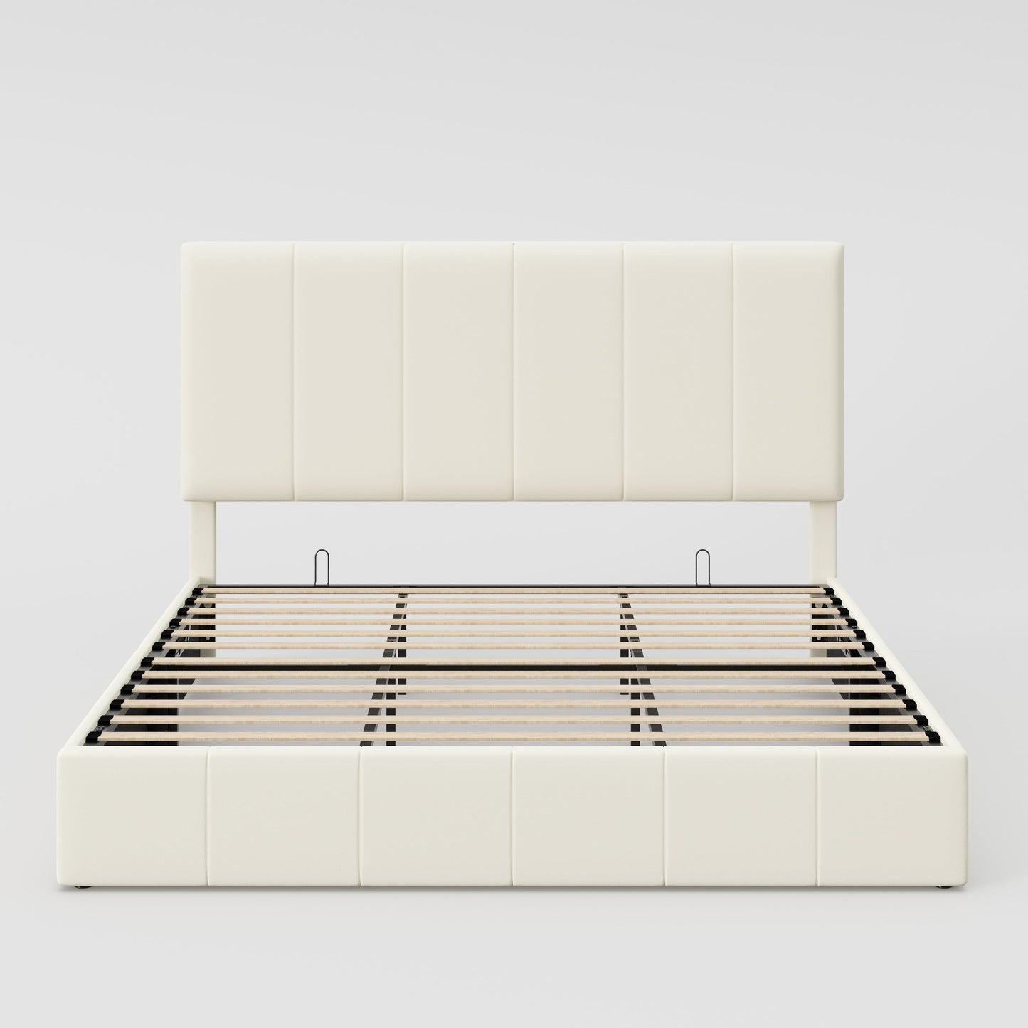 Allewie King Size Velvet Lift Up Storage Bed Frame, Vertical Channel Tufted Headboard, Hydrualic Underneath Storage, Upholstered Platform Bed, Wooden Slats Support, No Box Spring Needed, Cream